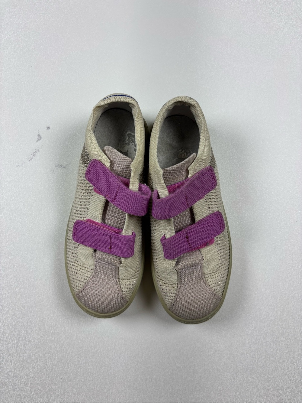 Rothy's Kids Knit Sneakers in Beige with Purple Straps